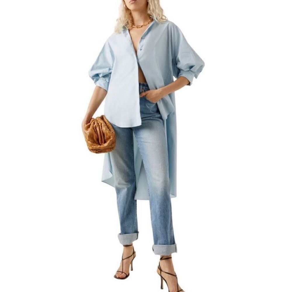 Oscar de la Renta Oversized High-low Stretch Cotton Shirt in Blue Topaz Size 10